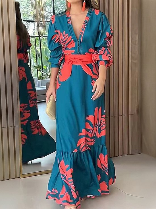 Damen Geblümt Langarm Frühling/Herbst Print Kleid V-Ausschnitt Täglich Retro Maxikleid Rüschenrock A-Linien-Kleid