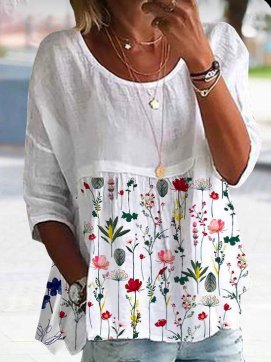 Damen Geblümt Halbarm Bluse Sommer Print Rundhals Täglich Lässig Oberteile