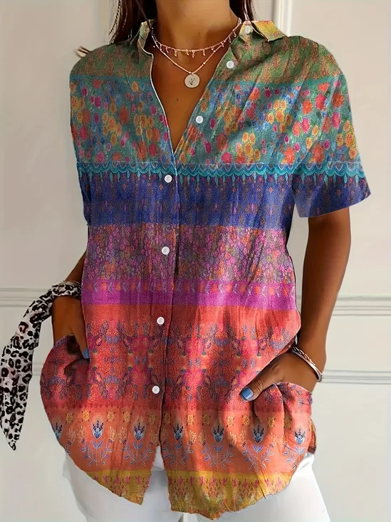 Damen Geblümt Kurzarm Bluse Sommer Print Hemdkragen Täglich Lässig Oberteile