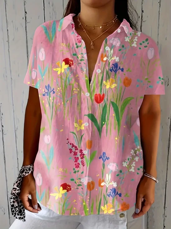 Damen Geblümt Kurzarm Bluse Sommer Print Hemdkragen Täglich Lässig Oberteile