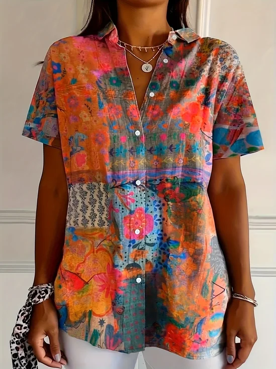 Damen Geblümt Kurzarm Bluse Sommer Print Hemdkragen Täglich Lässig Oberteile