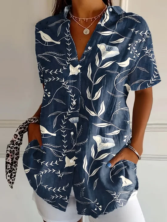 Damen Geblümt Kurzarm Bluse Sommer Print Hemdkragen Täglich Lässig Oberteile