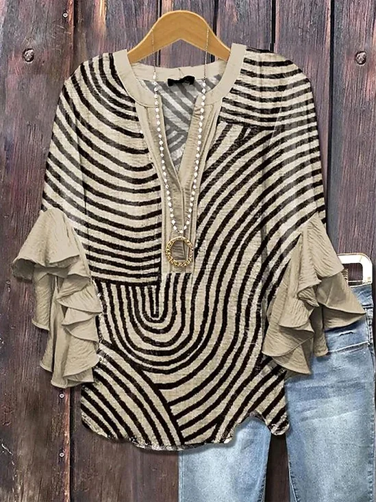 Damen abstrakte Streifen Halbarm Bluse Sommer Print V-Ausschnitt Täglich Lässig Oberteile