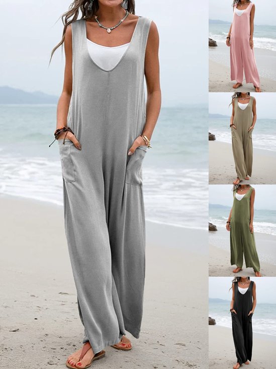 Damen Unifarben Rundhals Ärmellos Lässig Sommer Jumpsuit