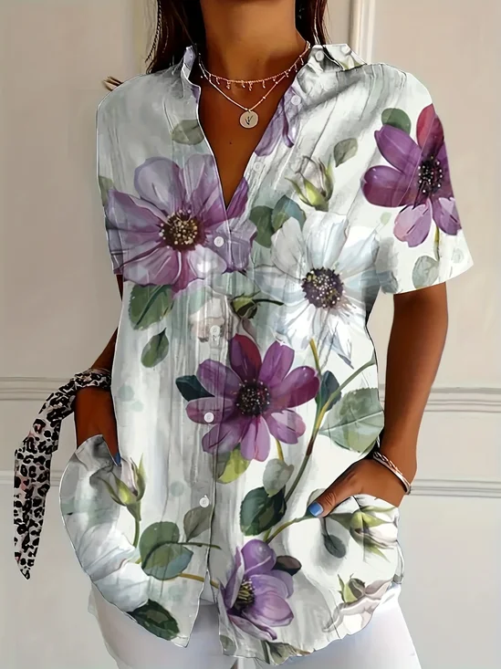 Damen Geblümt Kurzarm Bluse Sommer Print Hemdkragen Täglich Lässig Oberteile