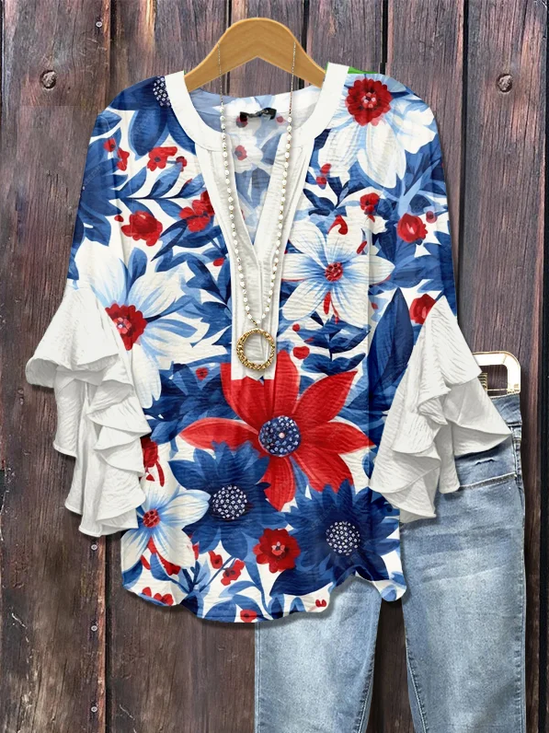 Damen Geblümt Halbarm Bluse Sommer Print V-Ausschnitt Täglich Lässig Oberteile