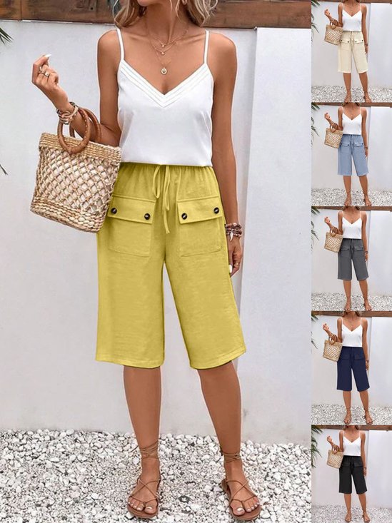 Damen Unifarben Fünfte Hose Elastische Taille Hose Lässig Sommer Hose