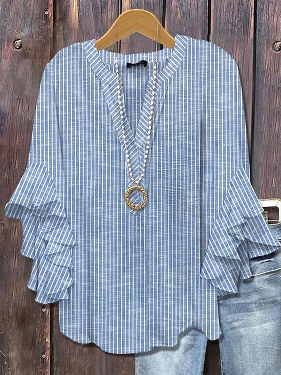 Damen Gestreift Halbarm Bluse Sommer Print V-Ausschnitt Täglich Lässig Oberteile
