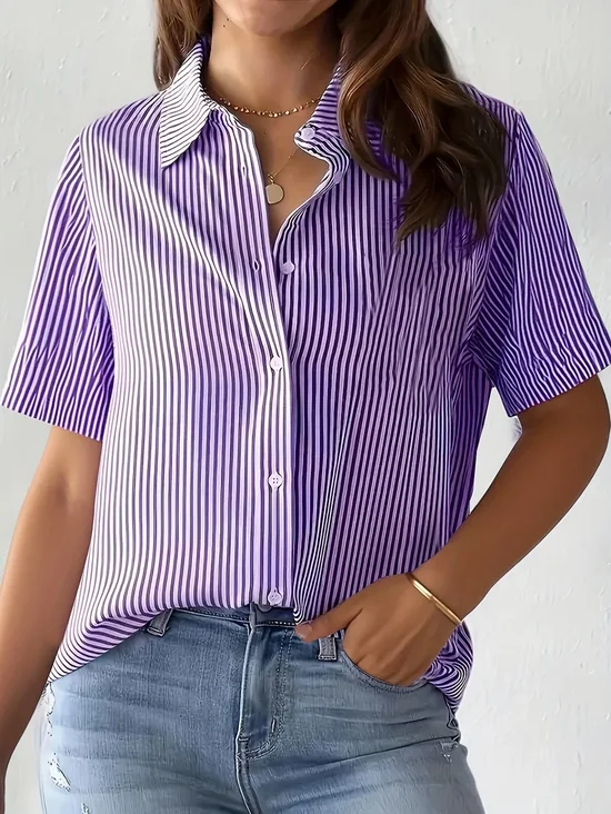 Damen Gestreift Kurzarm Bluse Sommer Print Hemdkragen Täglich Lässig Oberteile