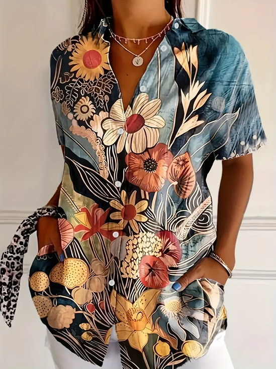 Damen Geblümt Kurzarm Bluse Sommer Print Hemdkragen Täglich Lässig Oberteile