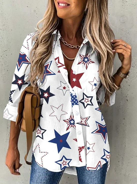 Damen Stern Langarm Bluse Frühling/Herbst Print Hemdkragen Täglich Lässig Oberteile