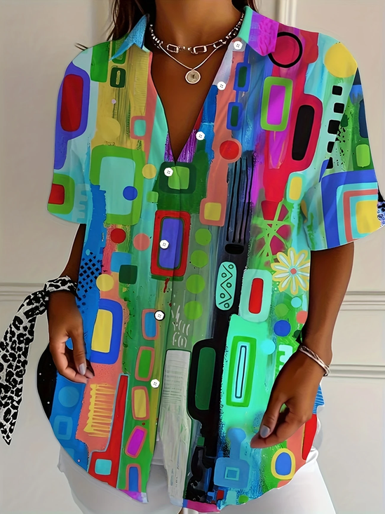 Damen Abstrakt Kurzarm Bluse Sommer Print Hemdkragen Täglich Lässig Oberteile