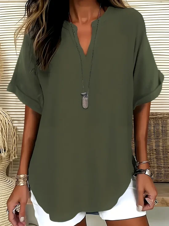 Damen Unifarben Kurzarm Bluse Sommer V-Ausschnitt Täglich Lässig Oberteile