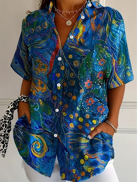 Damen Geblümt Kurzarm Bluse Sommer Print Hemdkragen Täglich Lässig Oberteile