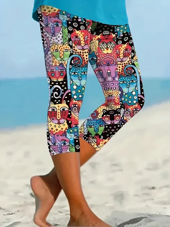 Damen Katze Caprihosen Elastische Taille Hose Lässig Sommer Hose