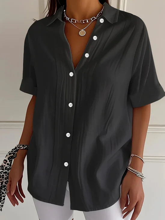 Damen Unifarben Kurzarm Bluse Sommer Print Hemdkragen Täglich Lässig Oberteile