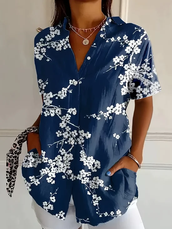 Damen Geblümt Kurzarm Bluse Sommer Print Hemdkragen Täglich Lässig Oberteile
