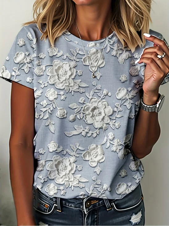 Damen Geblümt Kurzarm T-Shirts T-Shirt Rundhals Print Lässig Sommer T-Shirt mit Grafik Oberteile