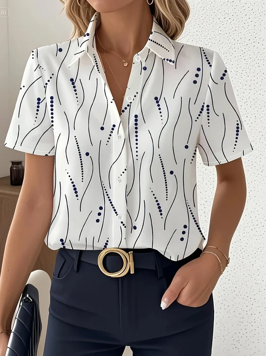 Damen abstrakte Streifen Kurzarm Bluse Sommer Print Hemdkragen Täglich Lässig Oberteile