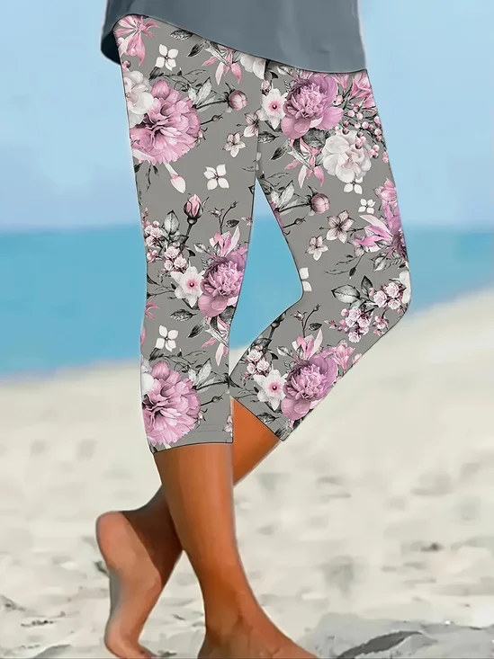 Damen Geblümt Caprihosen Elastische Taille Hose Lässig Sommer Hose