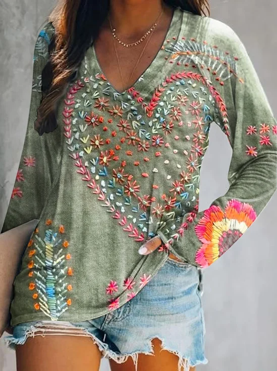 Damen Geblümt Langarm Bluse Frühling/Herbst Print V-Ausschnitt Täglich Lässig Oberteile