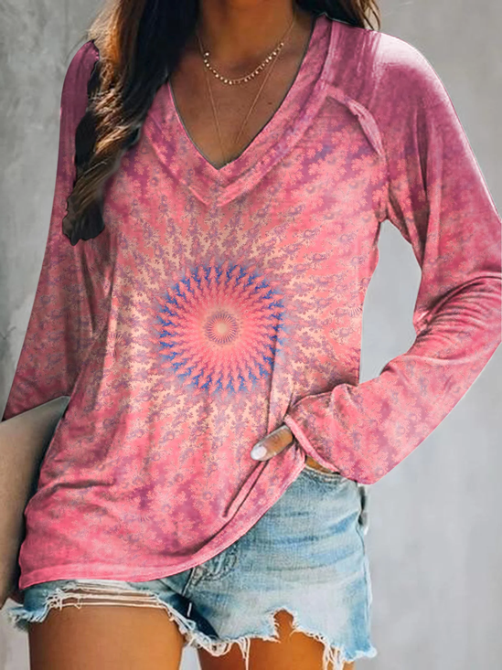 Damen Abstrakt Langarm Bluse Frühling/Herbst Print V-Ausschnitt Täglich Lässig Oberteile