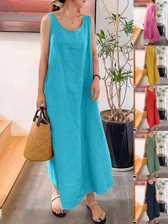 Damen Unifarben Ärmellos Sommer Nahtverarbeitung Kleid Rundhals Täglich Retro Maxikleid Tanktop A-Linien-Kleid