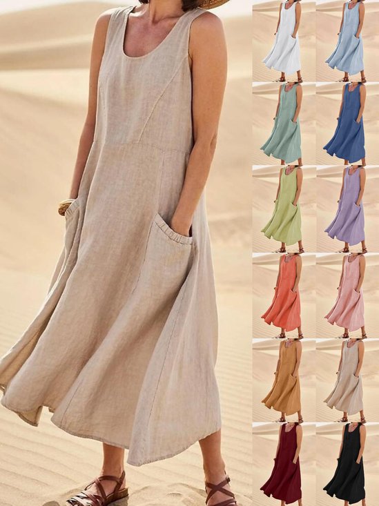 Damen Unifarben Ärmellos Sommer Nahtverarbeitung Kleid Rundhals Täglich Lässig Maxikleid Passen & Flare Kleid A-Linien-Kleid