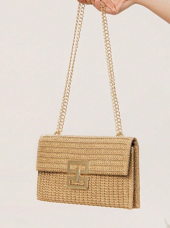 Urlaub Stil multi-Abteil Metallkette Flip Abdeckung Drehverschluss Stroh Tasche Umhängetasche Kette sperren Damen Tasche