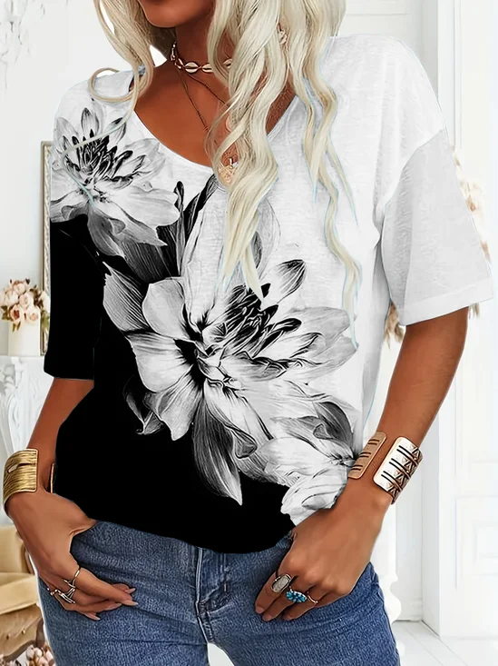 Damen Geblümt Kurzarm T-Shirts T-Shirt V-Ausschnitt Print Lässig Sommer T-Shirt mit Grafik Oberteile