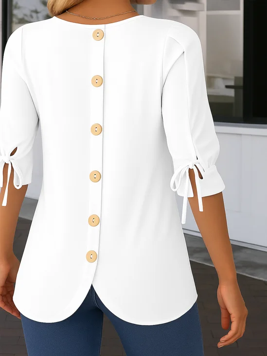 Damen Unifarben Halbarm Bluse Sommer Rundhals Täglich Retro Oberteile