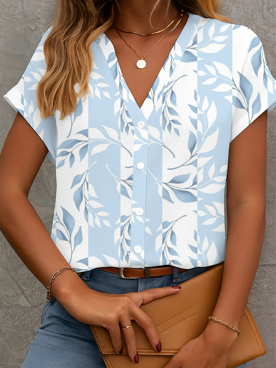 Damen Geblümt Kurzarm Bluse Sommer Print V-Ausschnitt Täglich Lässig Oberteile