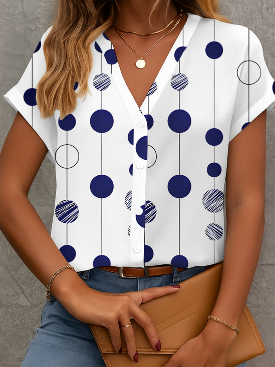 Damen Polka Dots Kurzarm Bluse Sommer Print V-Ausschnitt Täglich Lässig Oberteile