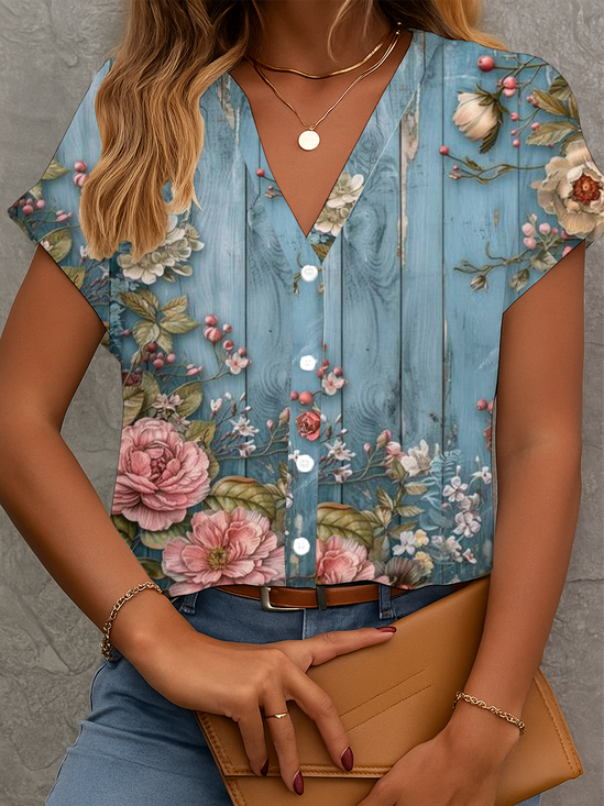 Damen Geblümt Kurzarm Bluse Sommer Print V-Ausschnitt Täglich Lässig Oberteile