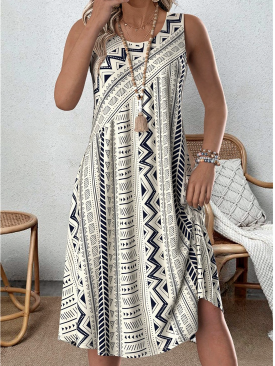 Damen Geometrisch Ärmellos Sommer Kleid Rundhals Täglich Lässig Midi Tanktop A-Linien-Kleid