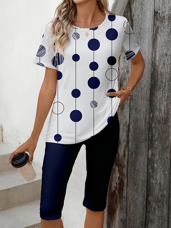 Damen Polka Dots Print Zweiteiliges Set Täglich Kurzarm Lässig Sommer Bluse mit Hose Matching Set