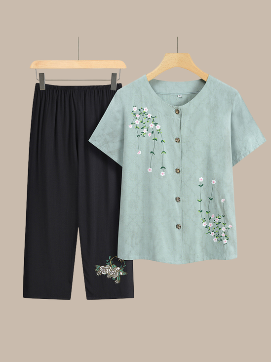 Damen Geblümt Stickerei Zweiteiliges Set Täglich Halbarm Lässig Sommer Bluse mit Hose Matching Set