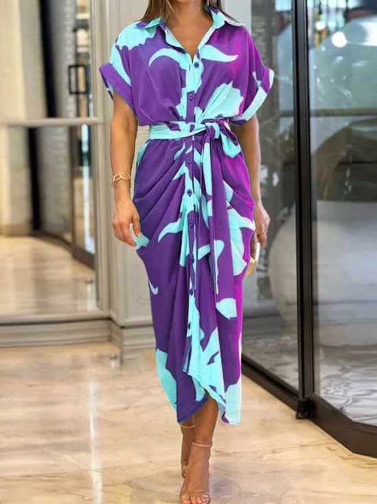 Damen Geblümt Halbarm Sommer Print Kleid Hemdkragen Täglich Retro Maxikleid Hüftrock A-Linien-Kleid