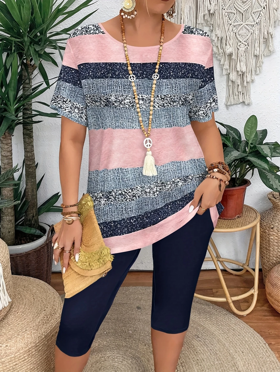 Damen Abstrakt Print Zweiteiliges Set Täglich Kurzarm Lässig Sommer Bluse mit Hose Matching Set