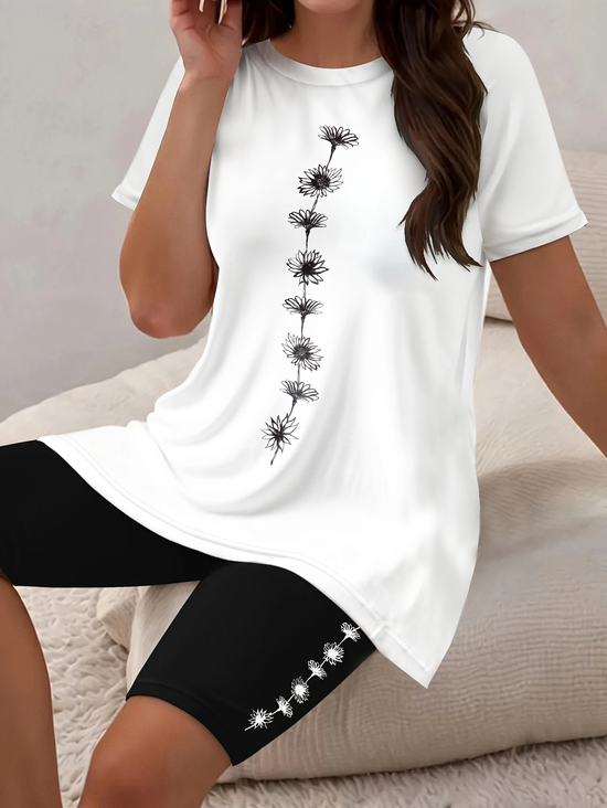 Damen Geblümt Print Zweiteiliges Set Täglich Kurzarm Lässig Sommer Bluse mit Hose Matching Set