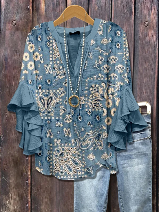 Damen Geblümt Halbarm Bluse Sommer Print V-Ausschnitt Täglich Lässig Oberteile
