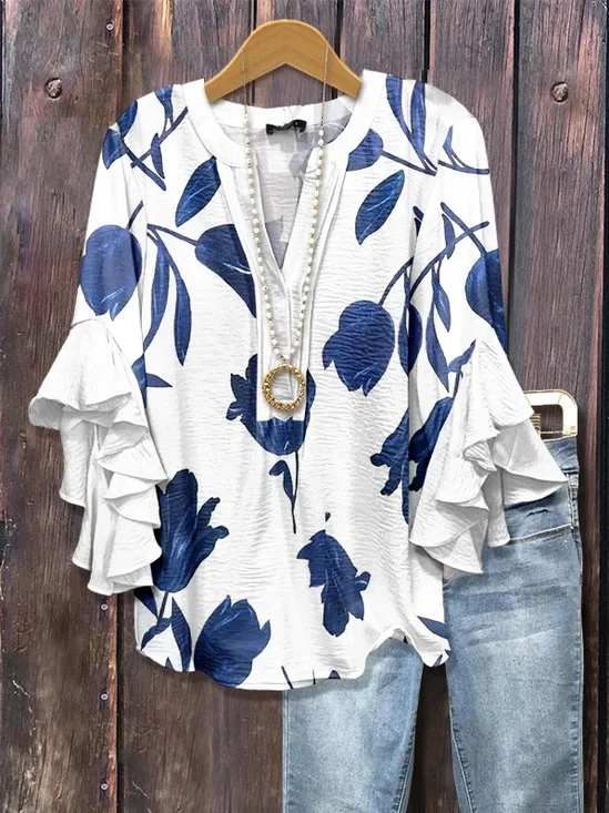 Damen Geblümt Halbarm Bluse Sommer Print V-Ausschnitt Täglich Lässig Oberteile