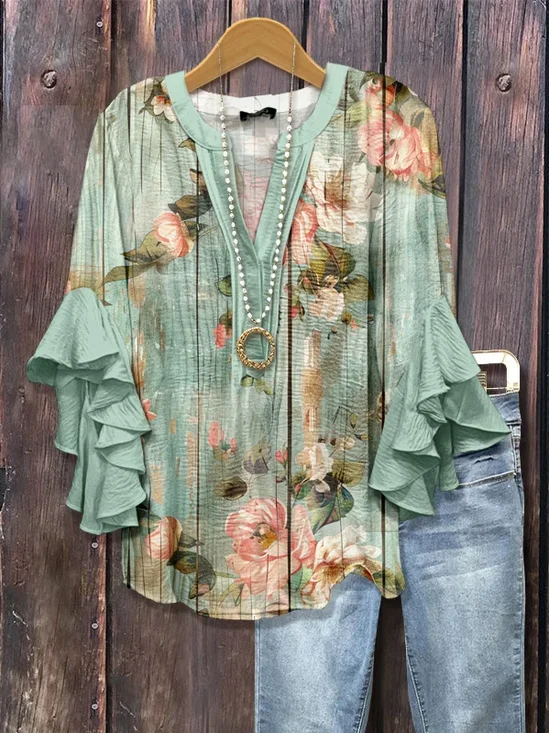 Damen Geblümt Halbarm Bluse Sommer Print V-Ausschnitt Täglich Lässig Oberteile