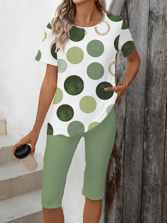 Damen Polka Dots Print Zweiteiliges Set Täglich Kurzarm Lässig Sommer Bluse mit Hose Matching Set