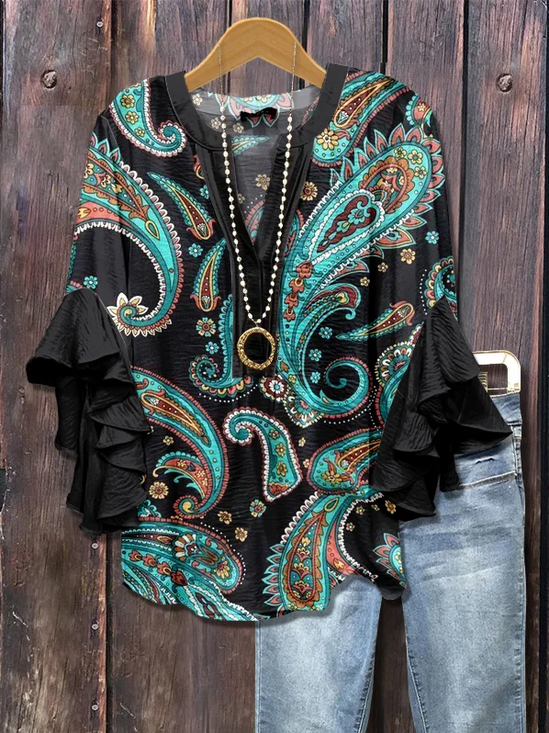 Damen Paisley Halbarm Bluse Sommer Print V-Ausschnitt Täglich Lässig Oberteile