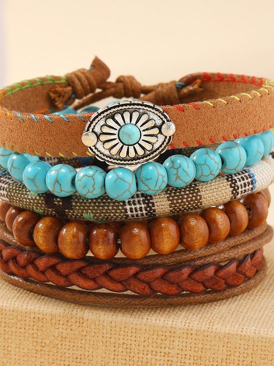 Türkis Sommer Neu Heiß Verkauf Einfach Fashion Bohemien Klein Blume Stil Türkis Perlen Hölzerne Korn Fünfteilig Armband