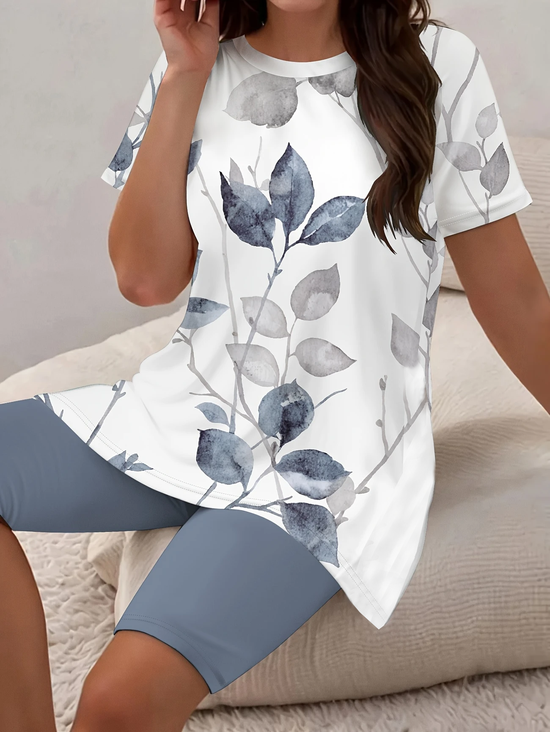 Damen Geblümt Print Zweiteiliges Set Täglich Kurzarm Lässig Sommer Bluse mit Hose Matching Set