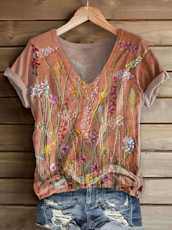 Damen Geblümt Kurzarm T-Shirts T-Shirt V-Ausschnitt Print Lässig Sommer T-Shirt mit Grafik Oberteile