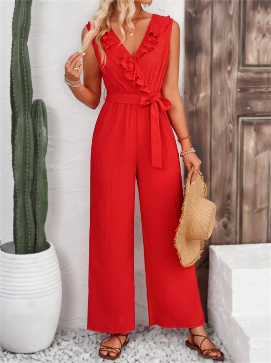 Damen Unifarben V-Ausschnitt Ärmellos Lässig Sommer Jumpsuit