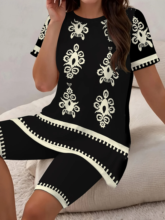 Damen Abstrakt Print Zweiteiliges Set Täglich Kurzarm Lässig Sommer Bluse mit Hose Matching Set